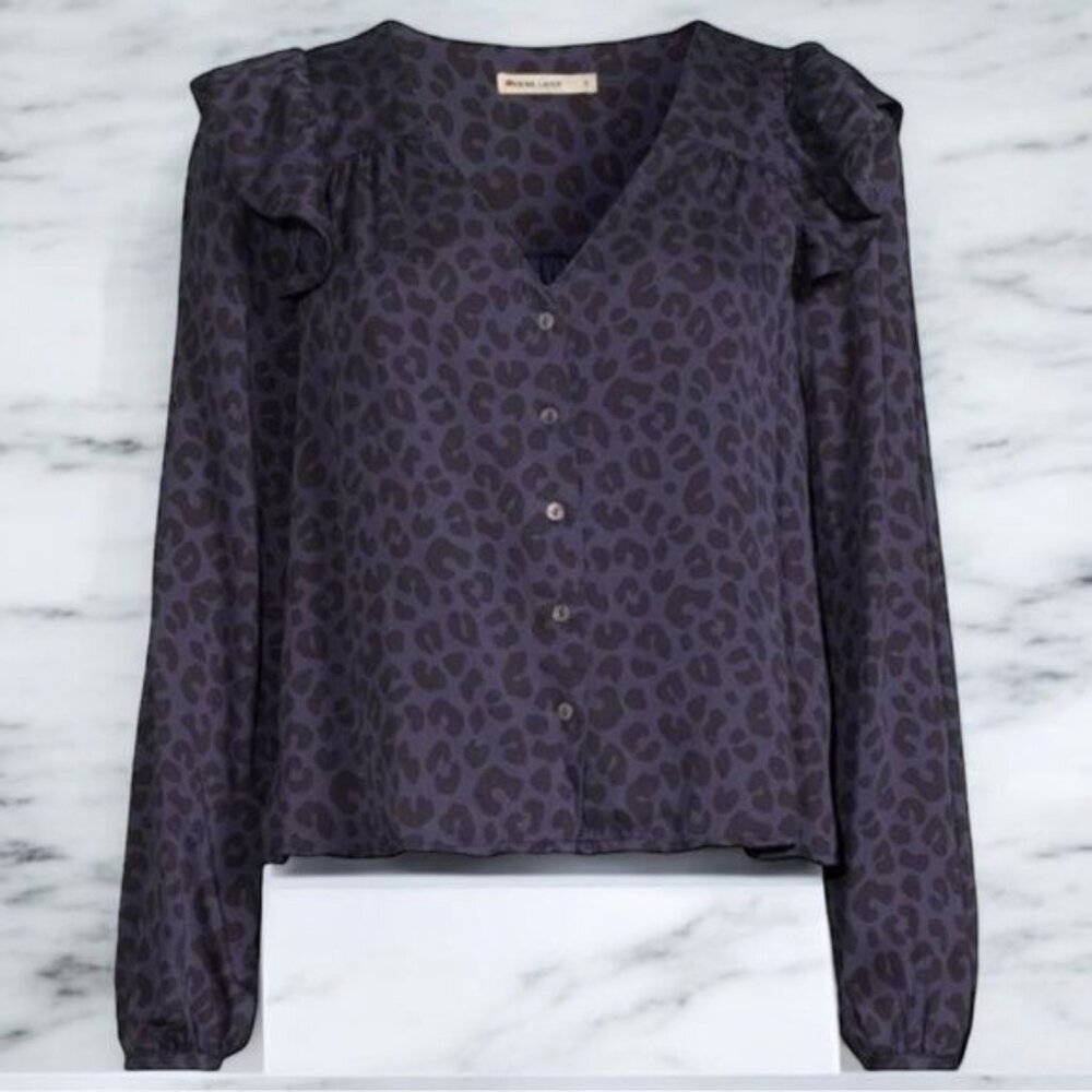 NEW Marine Layer Rory Long Sleeve Ruffle Blouse Leopard Print Career Chic Size L